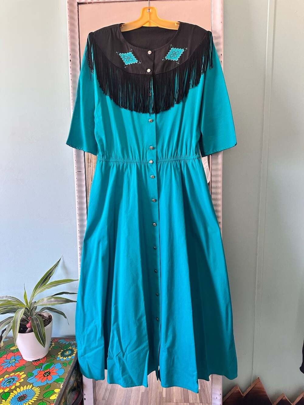 Vintage Roper Western Dress Size Large Teal Blue Fringe Aztec Accent